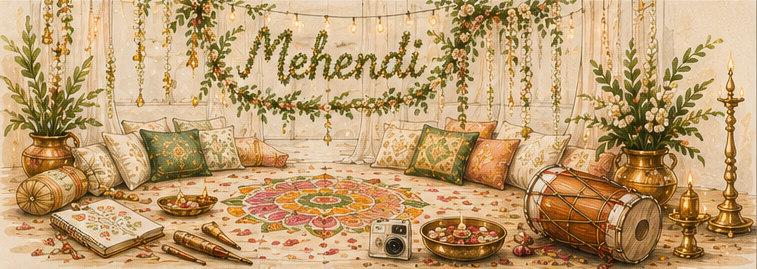 Mehendi decor with marigold garlands, fairy lights, and rangoli