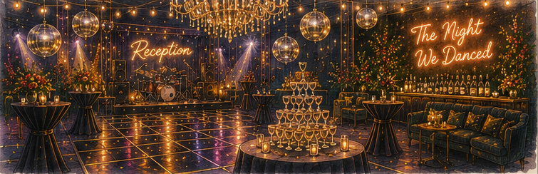 Reception dance floor with chandeliers and a champagne tower
