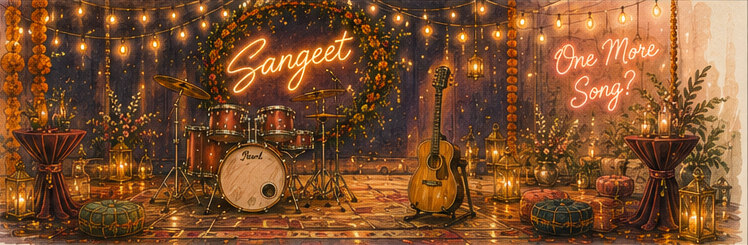 Sangeet stage with drum kit, guitar, and string lights