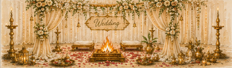Wedding mandap decorated with florals, drapes, and a sacred fire