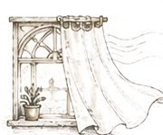 A sketched arched window with a curtain drawn back